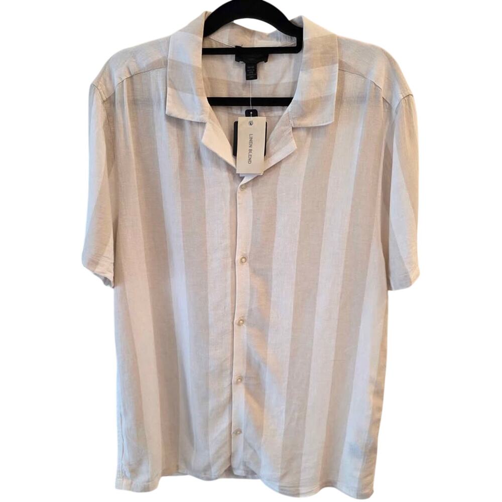 NWT Magaschoni Man Linen Blend Striped Short Sleeve Shirt - Size Medium